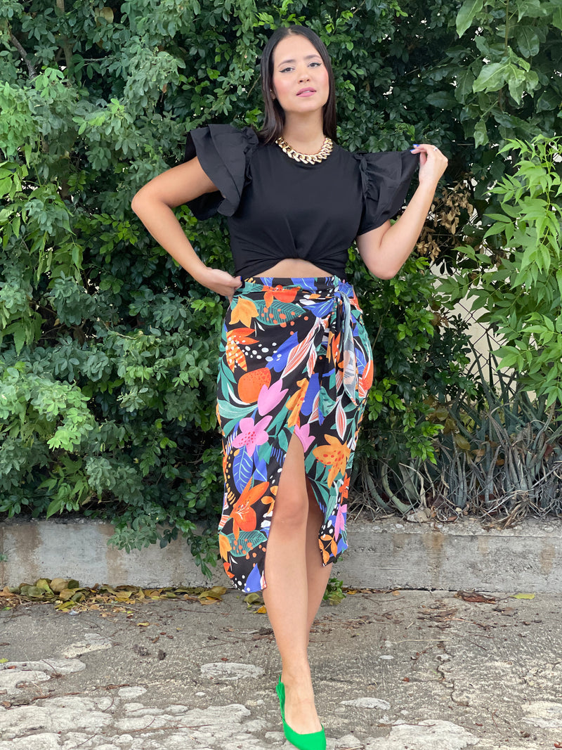 Black Floral Print Skirt