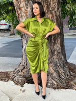 Olive Satin Midi Dress