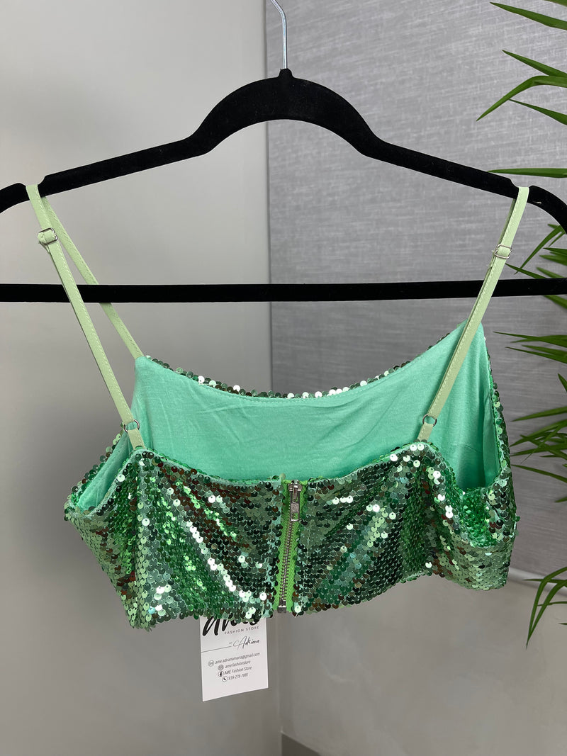 Green Sequins Crop Top