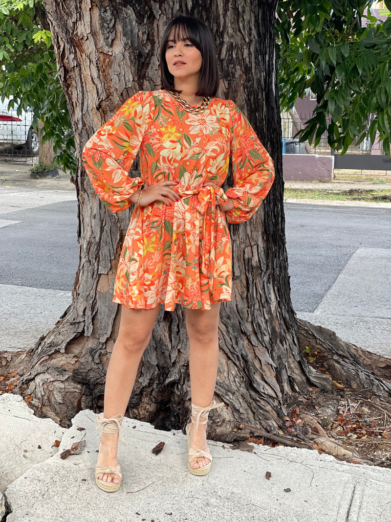 Orange Floral Short Dress