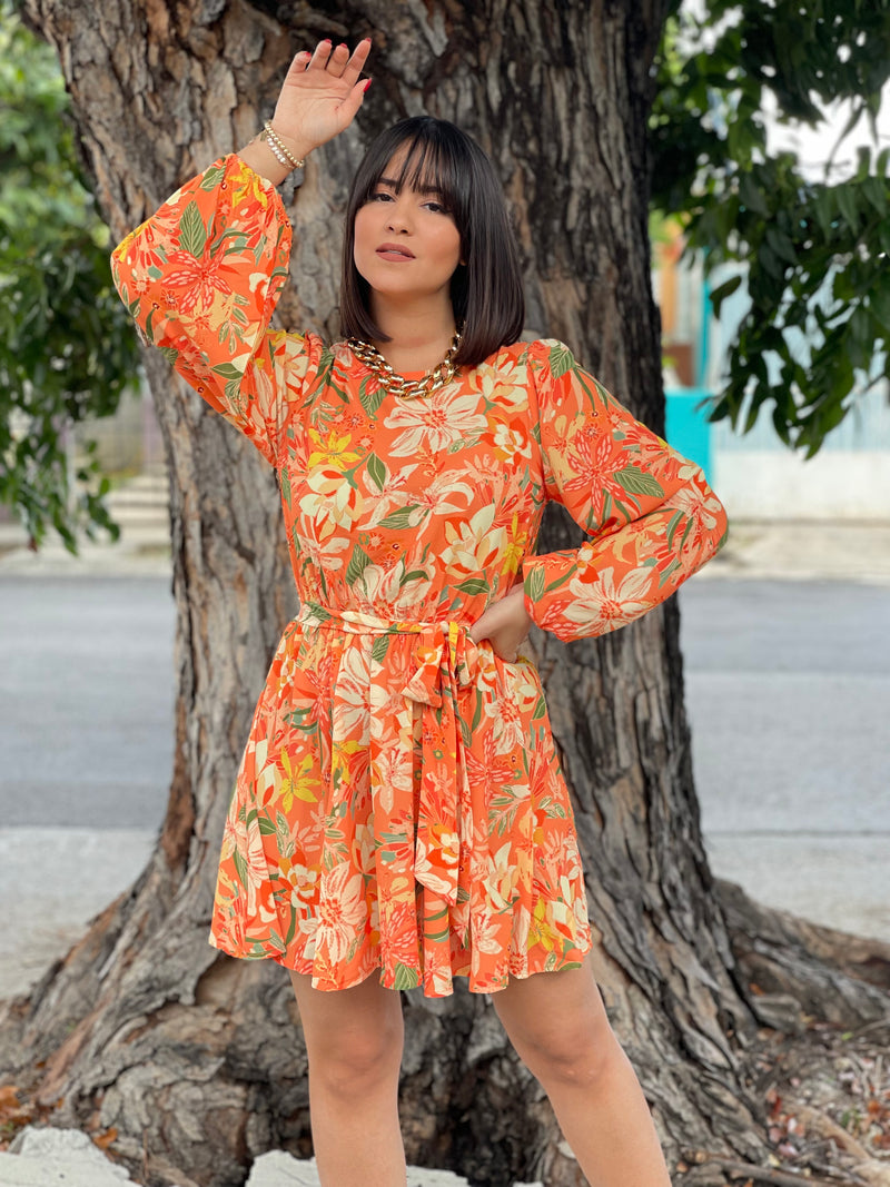 Orange Floral Short Dress