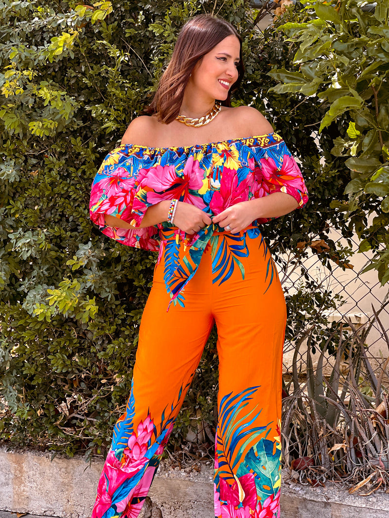 Orange Print Crop Top Set