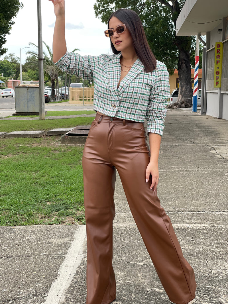 Brown Leather Wide Leg Bottom