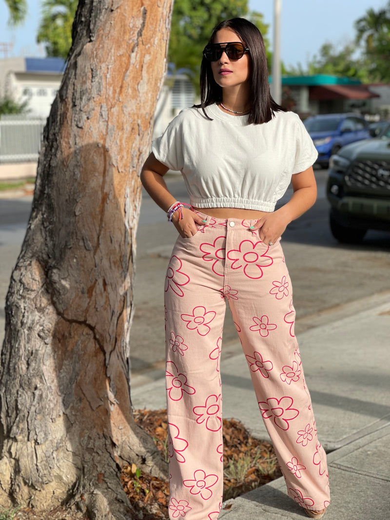 Pink Flowers Denim Bottom