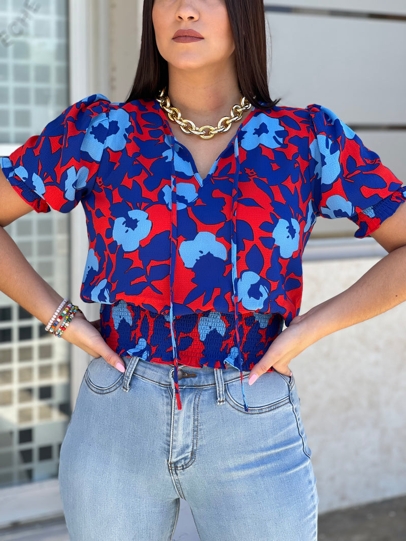 Red & Blue Flowers Top