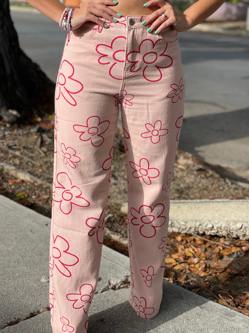 Pink Flowers Denim Bottom