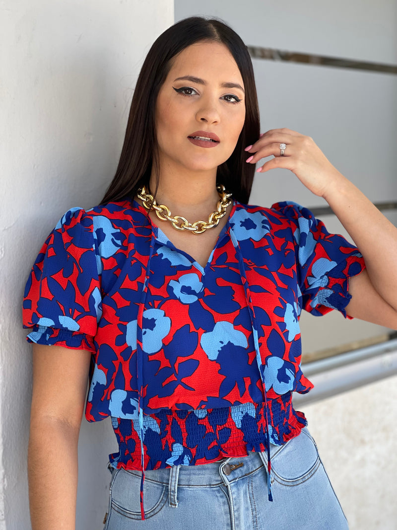 Red & Blue Flowers Top